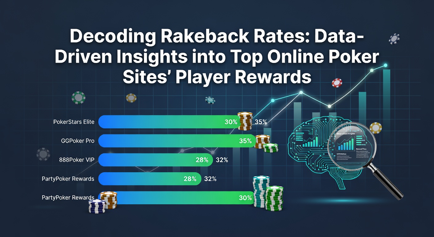Grafik mit Balkendiagrammen, die Rakeback-Raten führender Poker-Plattformen vergleicht, inklusive Prozentsätzen und Volumenangaben