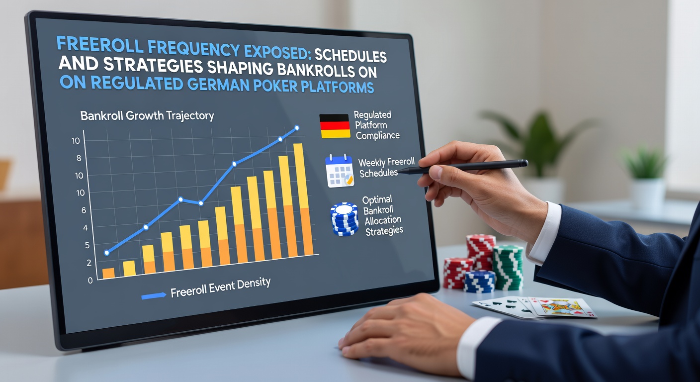 Poker-Spieler am Tisch bei einem Freeroll-Turnier auf einer regulierten deutschen Plattform, mit Uhr und Zeitplan im Hintergrund