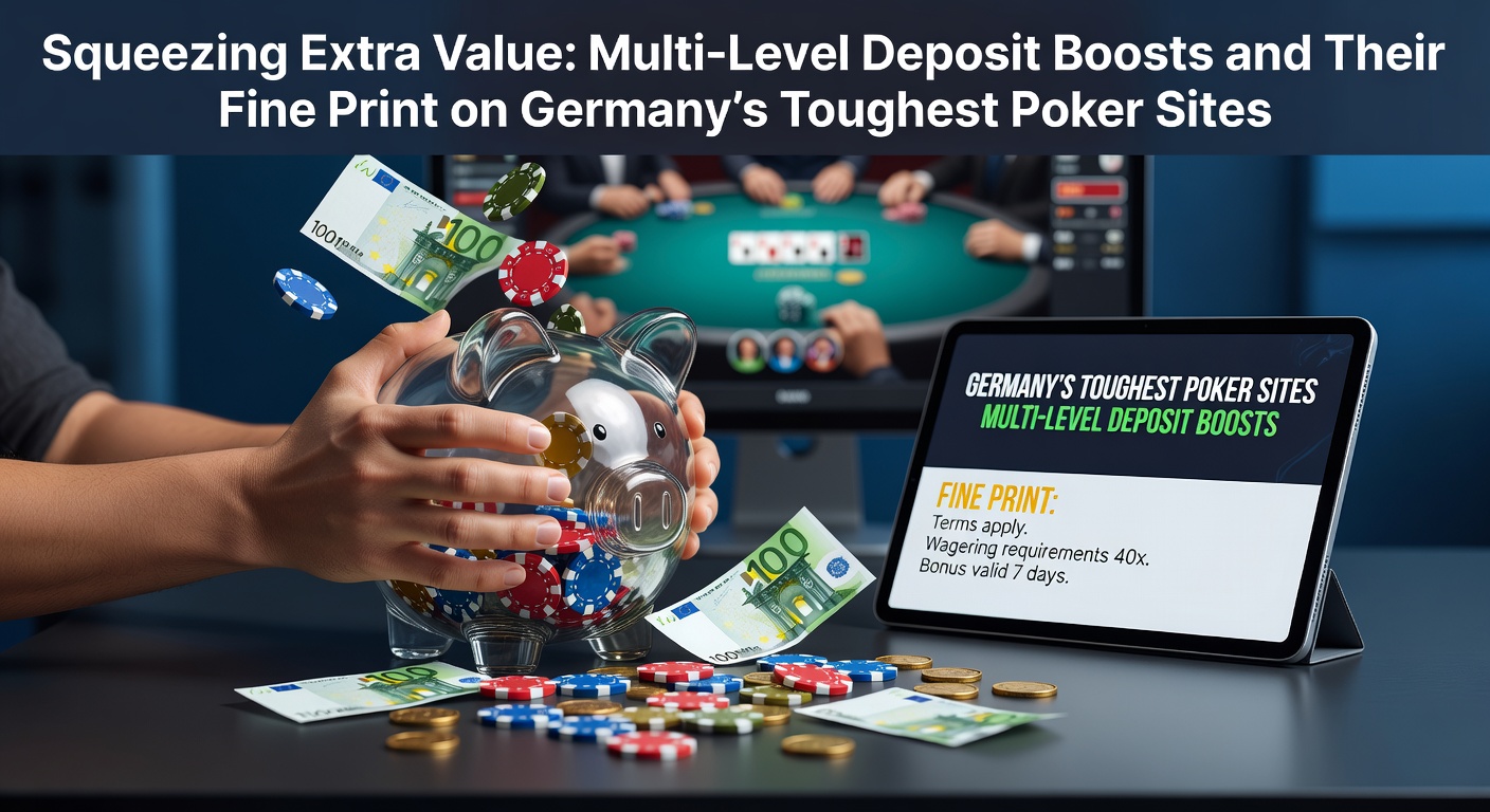 Grafik mit gestapelten Poker-Chips und Einzahlungsboni-Stufen auf einem deutschen Poker-Tisch, die Multi-Level-Boosts symbolisieren
