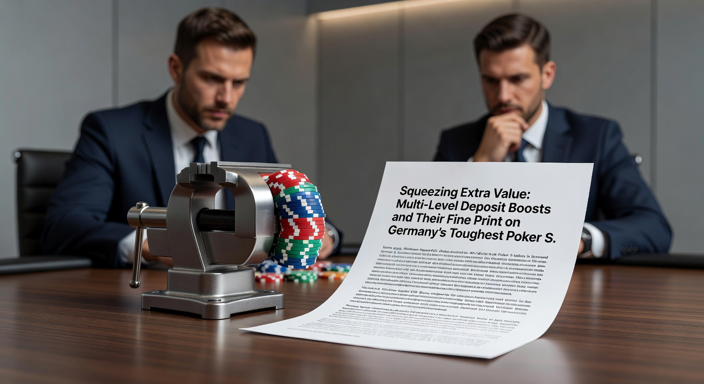 Detaillierte Infografik zum Kleingedruckten von Multi-Level-Boni, mit Lupe über Bedingungen auf einem Poker-Bildschirm